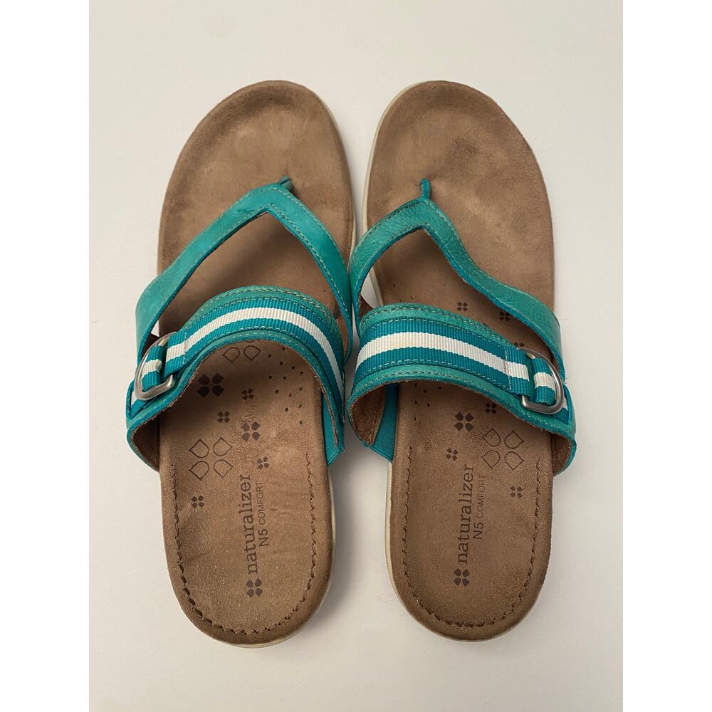 NATURALIZER N5 Comfort Slip on Sandal Teal Leather Striped Canvas Strap 10N
